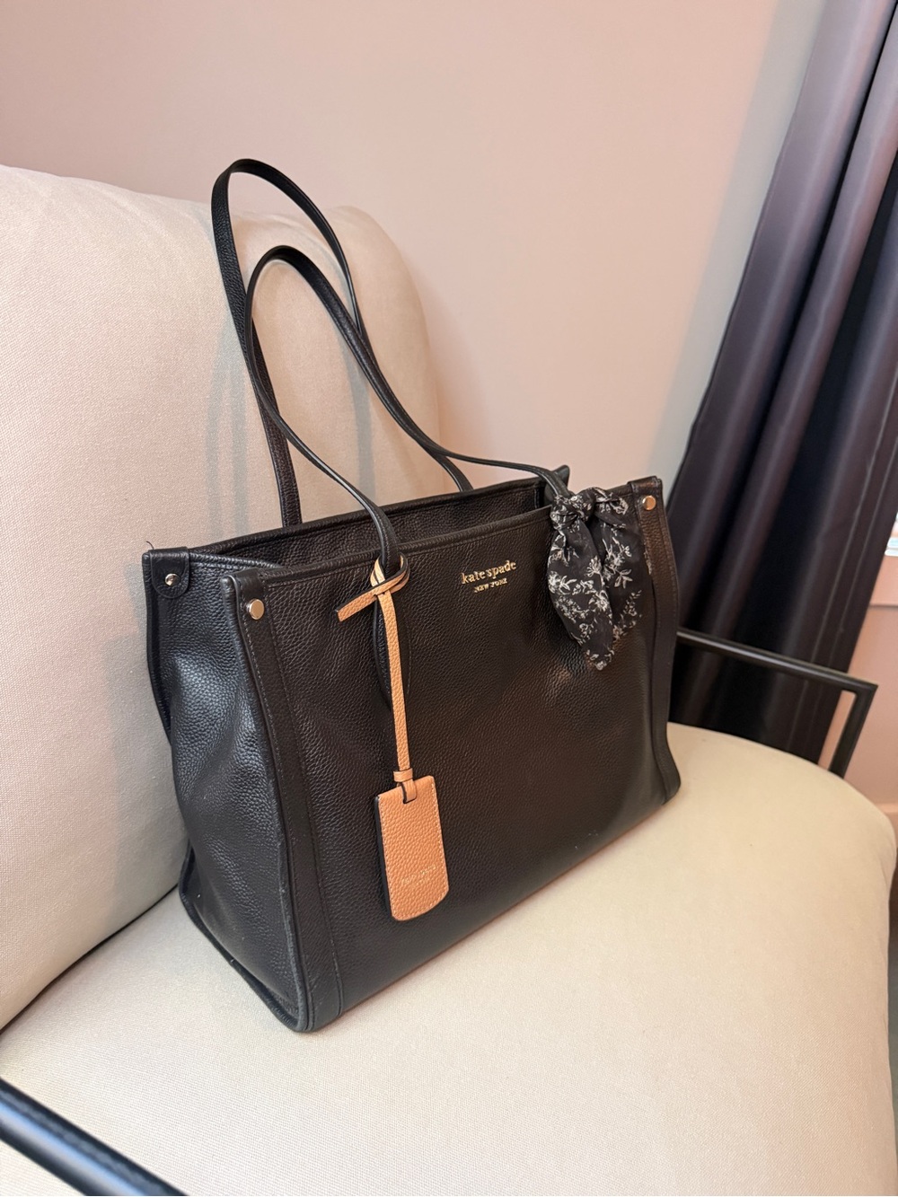 kate spade Black Leather Tote with Tan Tag and Scarf Accent